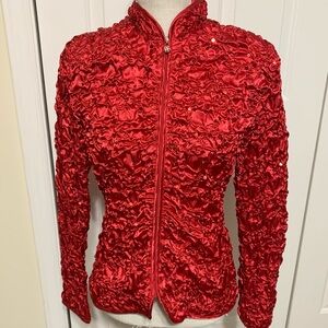 90s Y2K Sequin Scrunch Zip Up Jacket Top Red M 6/8